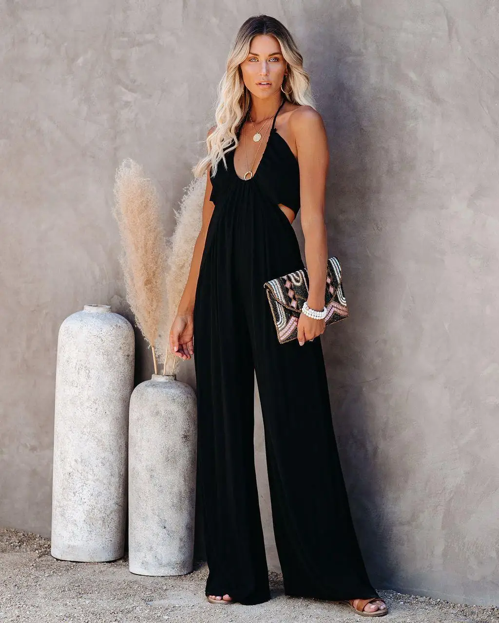 

Women Jumpsuits V Neck Rompers Backless One Piece Overalls Streetwear Wide Leg Pants Hollow Solid Loose Ankle Length Sexy
