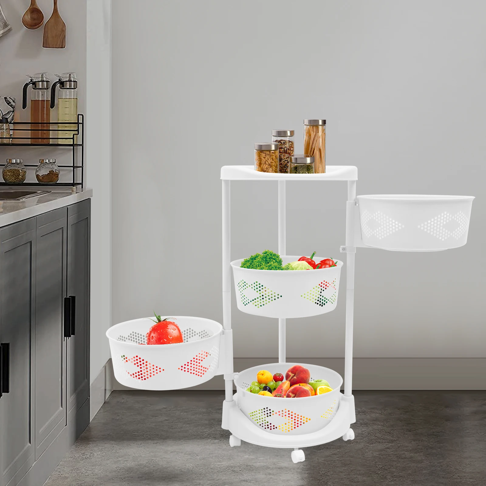 

White Round Storage Rack, Kitchen Storage Basket Cart, Rotating Storage Rack Ideal for Living Rooms, Kitchens, Bathrooms