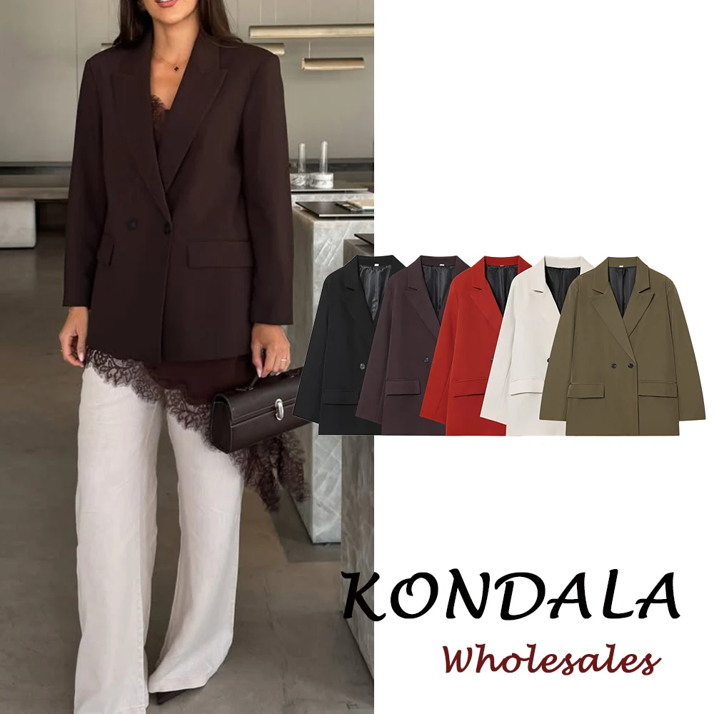 KONDALA Office Lady Solid Brown Double Breasted Women Blazer Chic Loose Luxurious Jacket Long Sleeve Fashion 2026 Spring Outwear