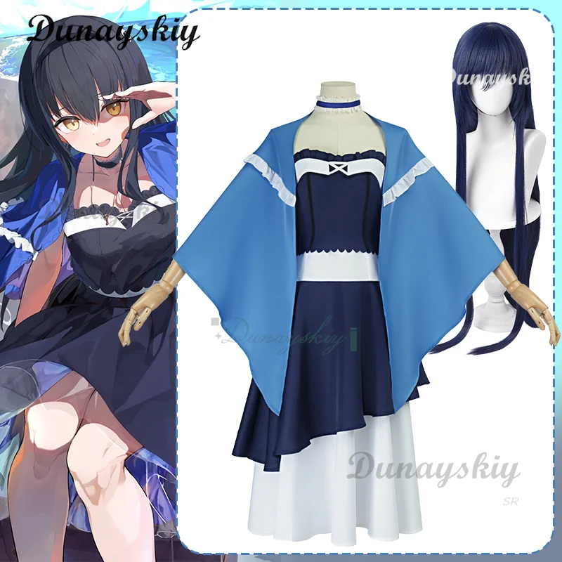 

Аниме летние карманы Kushima Kamome косплей костюм шаль парик темно-синее платье для женщин и девочек карнавальный костюм на Хэллоуин