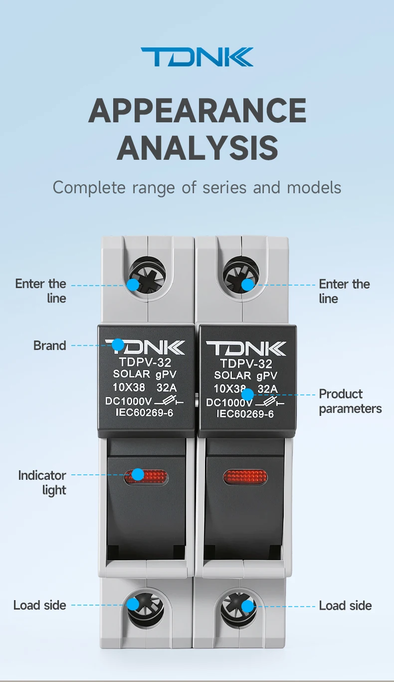 TDNK 2P DC1000V 32A Solar-PV-Sicherungshalter mit 2 Stück 10×38mm PV-Sicherungen, LED-Anzeige, DIN-Schienenmontage – Detail 3