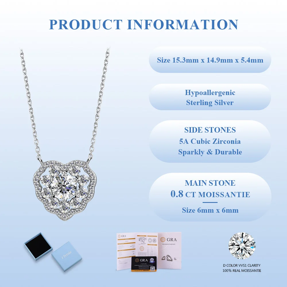

0.8ct Moissanite Pendant Necklace Heart Halo Diamond Necklaces for Women 925 Silver Fine Jewelry with GRA Certificate