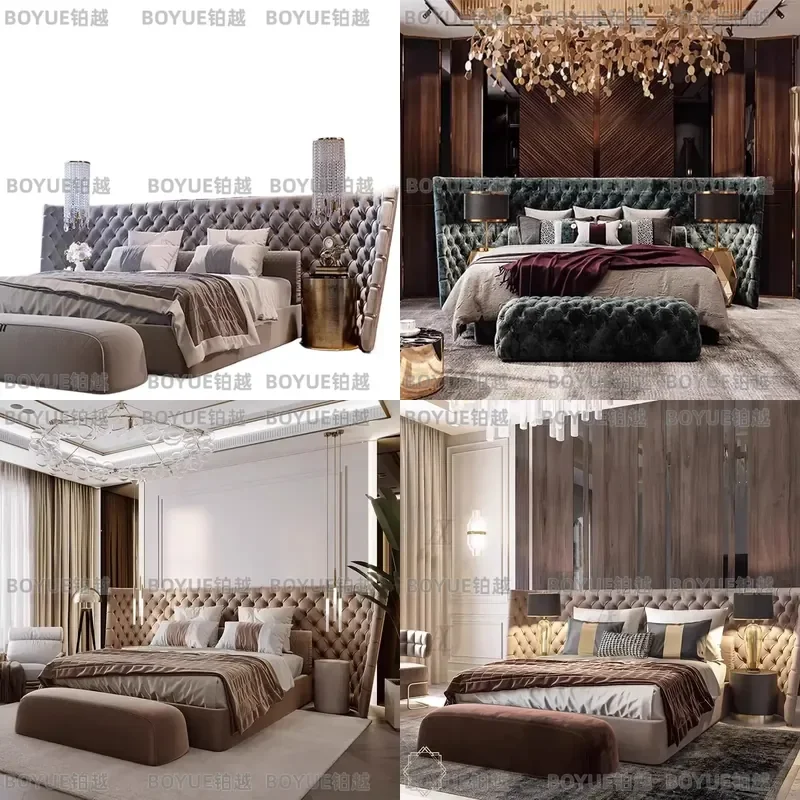 Italian Luxury Curved Headboard Wide Screen Double Bed Frame Modern Villa Style Upholstered Platform Bed for Master Bedroom