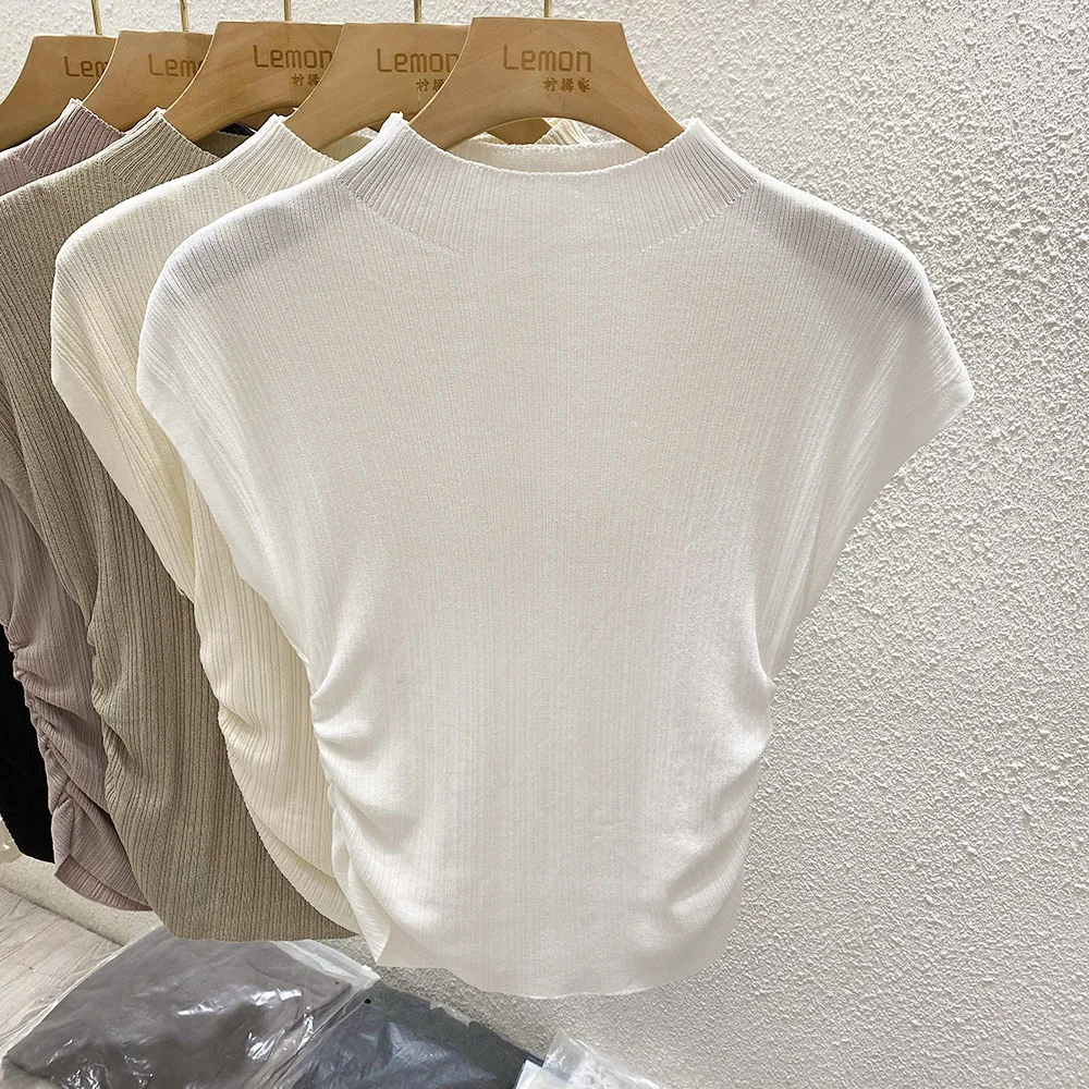 2026 Spring Summer Ice Silk Knit T-Shirt Half High Neck Waist Slimming Unique Design Slim Fit Short Sleeve Inner Tops