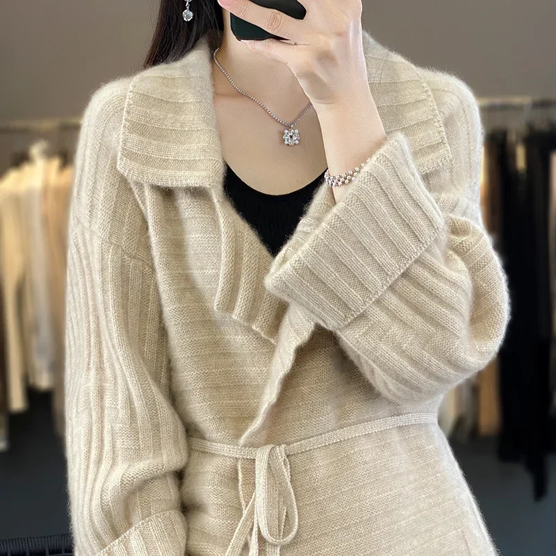 Cardigan lavorato a maglia in Cashmere di pecora su misura maglione con collo a Polo da donna manica lunga nuovo Cardigan da donna 2023 maglione di