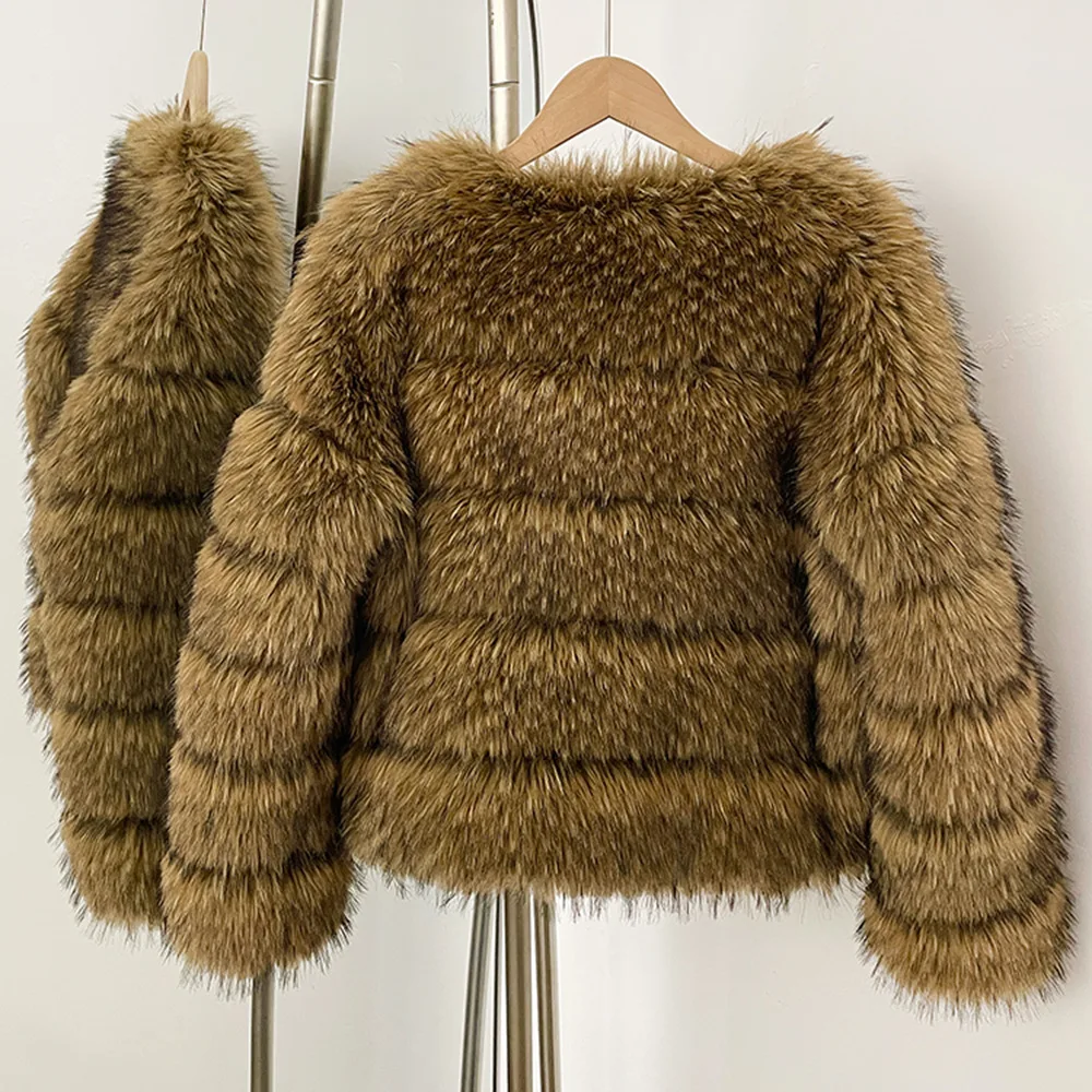Ekologiczny płaszcz damski z imitacji futra, krótkie płaszcze, grube, ciepłe, z okrągłym dekoltem, kurtki wierzchnie, jesienno-zimowe, łączone, sztuczne futro z szopa pracza.