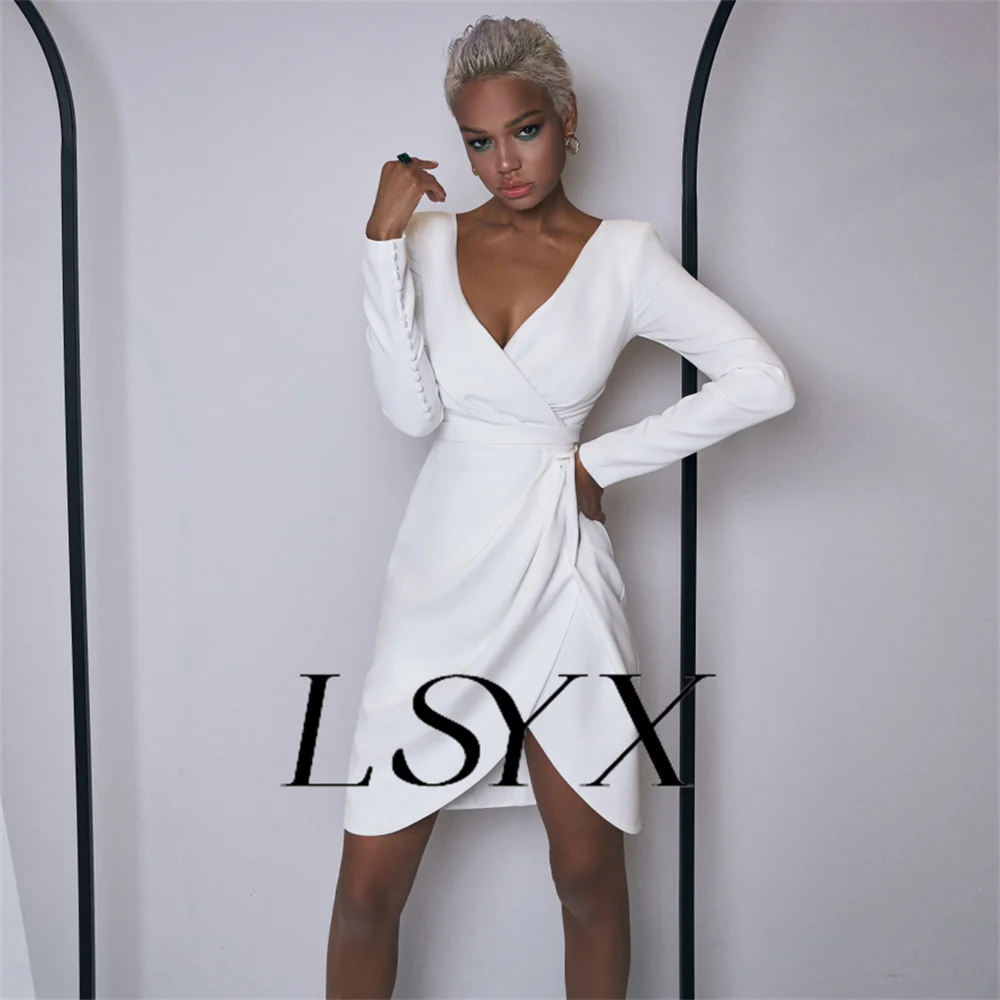 LSYX V-Neck Long Sleeves Sheath Pleats Crepe Mini Wedding Dress For Women Zipper Back Above Knee Short Bridal Gown Custom Made