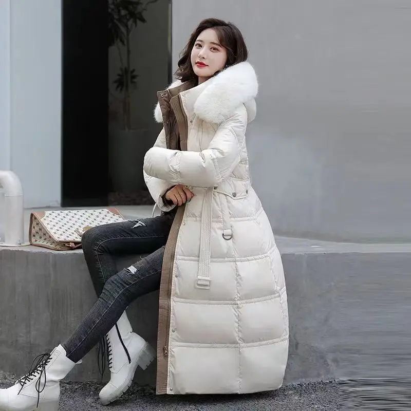 Winter New Down Coat Women Long Fur Collar Thickened Hooded High End Formal Women Windproof Coat Parkas Women Down Jackets