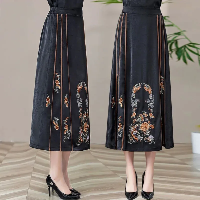 Summer Ladise Embroidery Horse Face Skirt Middle Aged Elderly Mothers High Waist Maxi Skirt Female Large Size 6XL Long Skirts