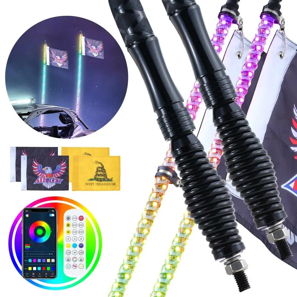 

2 PCS 3 FT Whip Light with Base, Whip Light with APP & Remote Control, Waterproof 360° Spiral RGB Chasing Lighted