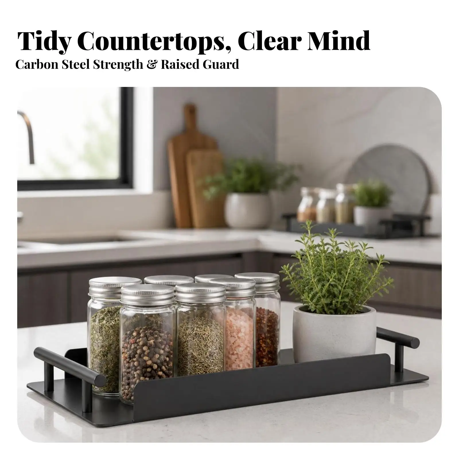 2 Pieces Sleek Vanity Tray with Handles | Matte Black Carbon Steel, Anti-Slip Rubber Pads, Vanity Tray with Guard Rails