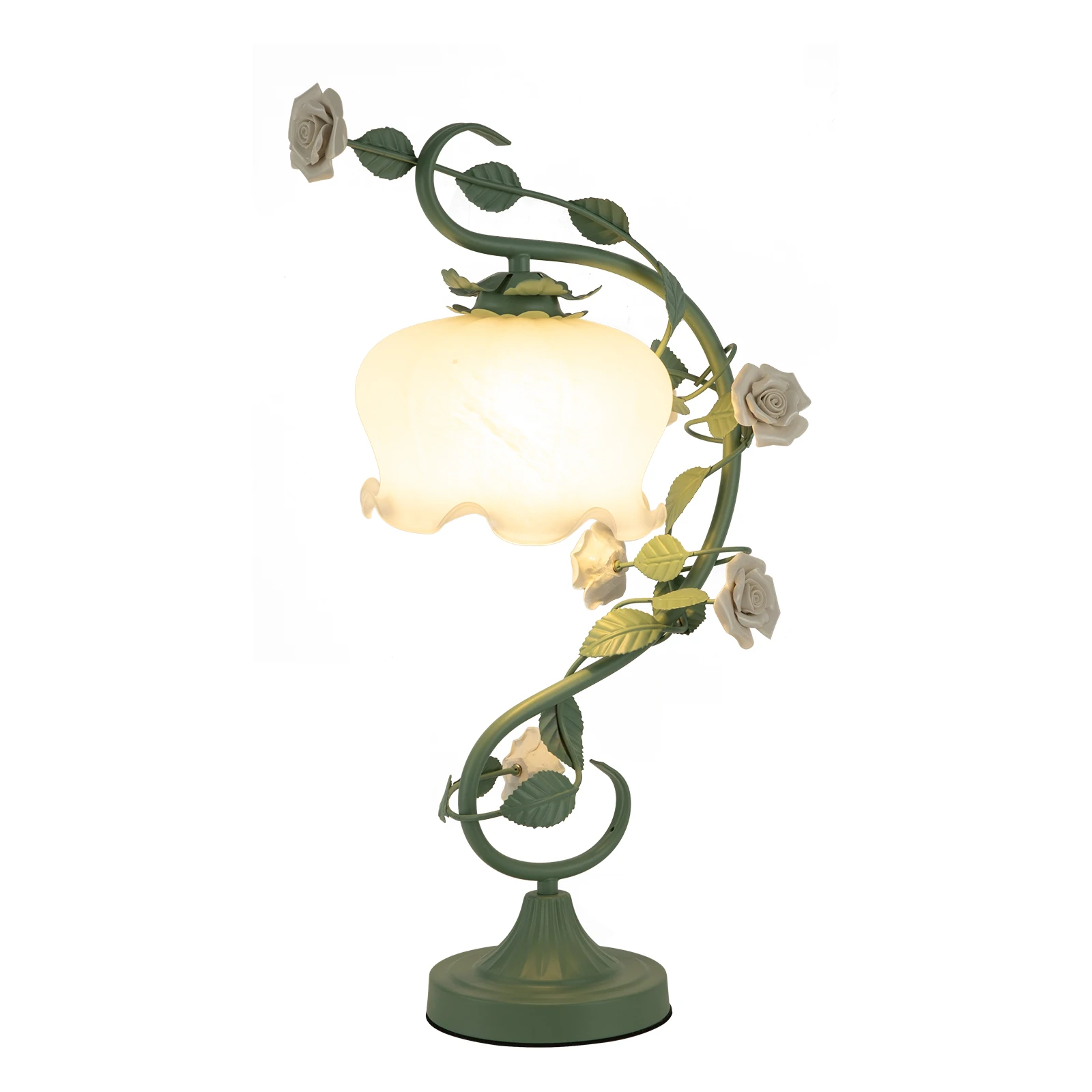 

E26 Rural style rose glass desk lamp, ceramic bedroom and living room light with green glass lampshade, 20 in high