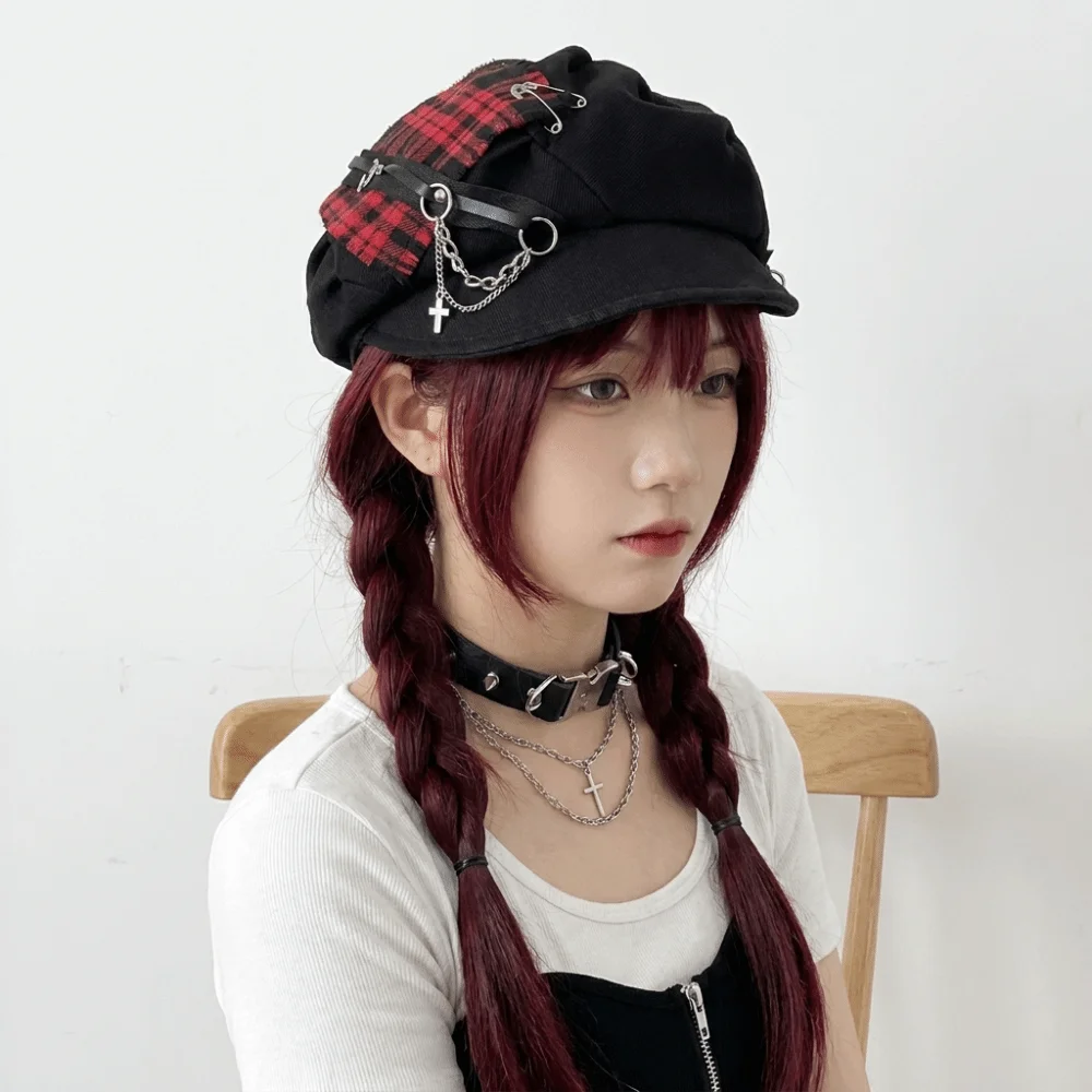 Sweet Rabbit Ears Plaid Beret Hat Irregular Thin Brim Painter Artist Cap Gothic Subculture Newsboy Peaked Hat Photography Prop