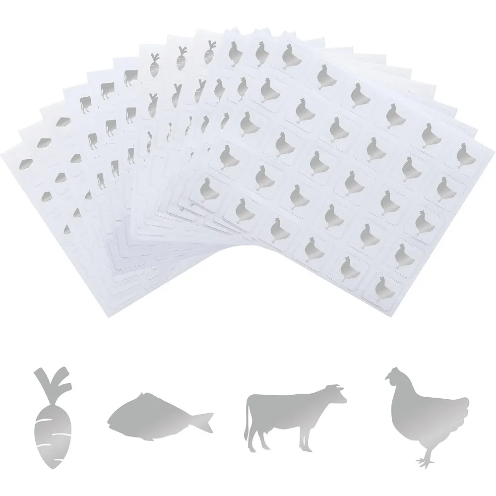 1200pcs 4 Styles Silver Meal Stickers 1 Inch Food Choice Sticker Cow/Chicken/Fish/Carrot Wedding Meal Indicator Stickers