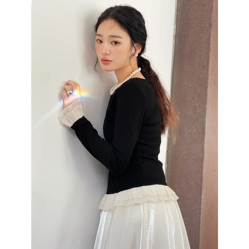 2025새로운 디자인 프렌치 대비 레이스 긴팔 셔츠 2025 봄 신상품