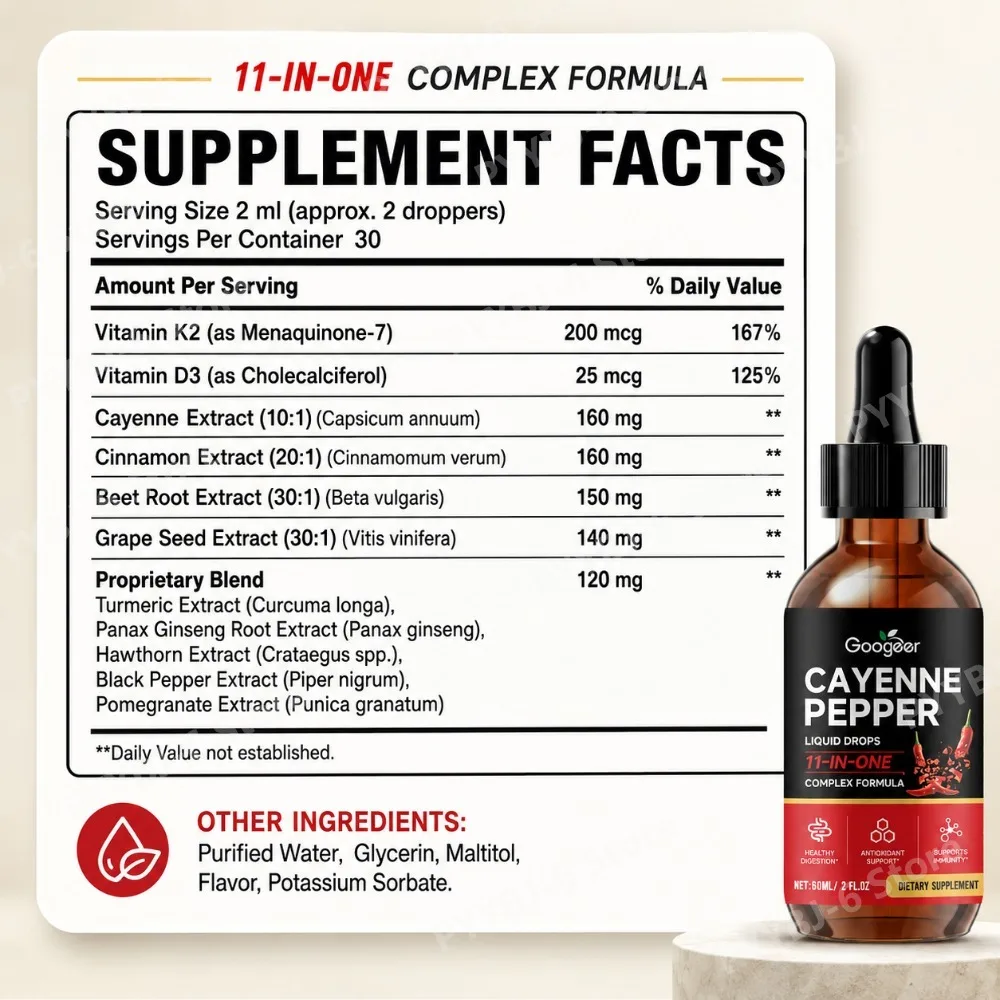 Googeer Cayenne Pepper Liquid Drops 11-in-1 with Vitamin K2 D3 Cinnamon Beet Grape Seed Supports Digestion Immunity Antioxidant
