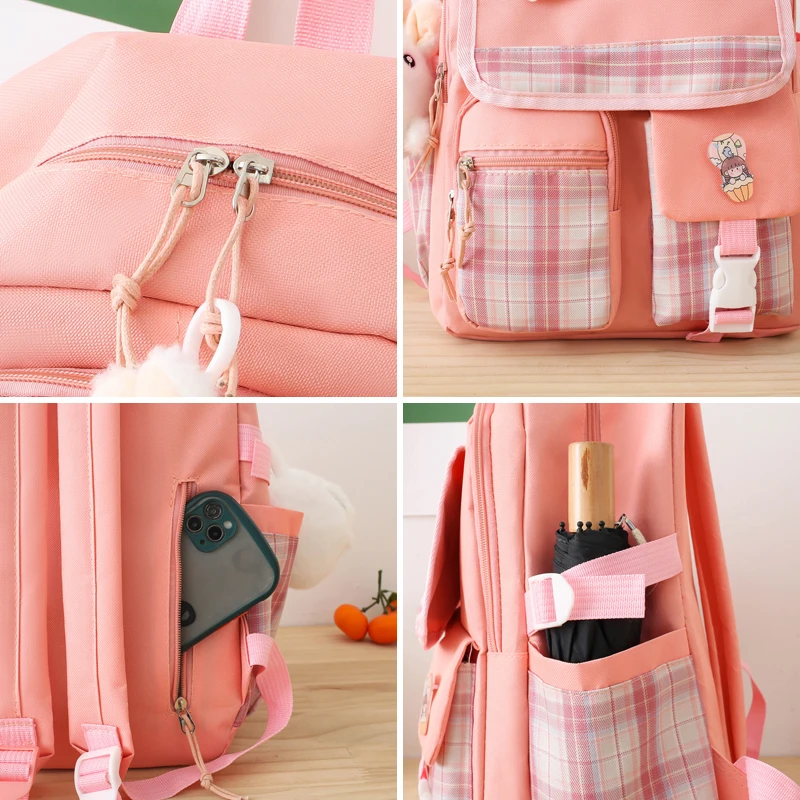 Mochila escolar con diseño de cuadros para niños y niñas, conjunto de 4 piezas, mochilas escolares Kawaii para mujer