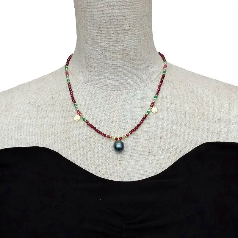 Y·YING Natural Garnet Agate Ruby Pearl Charm Necklace 3mm Gemstone Cultured Black Pearl Pendant