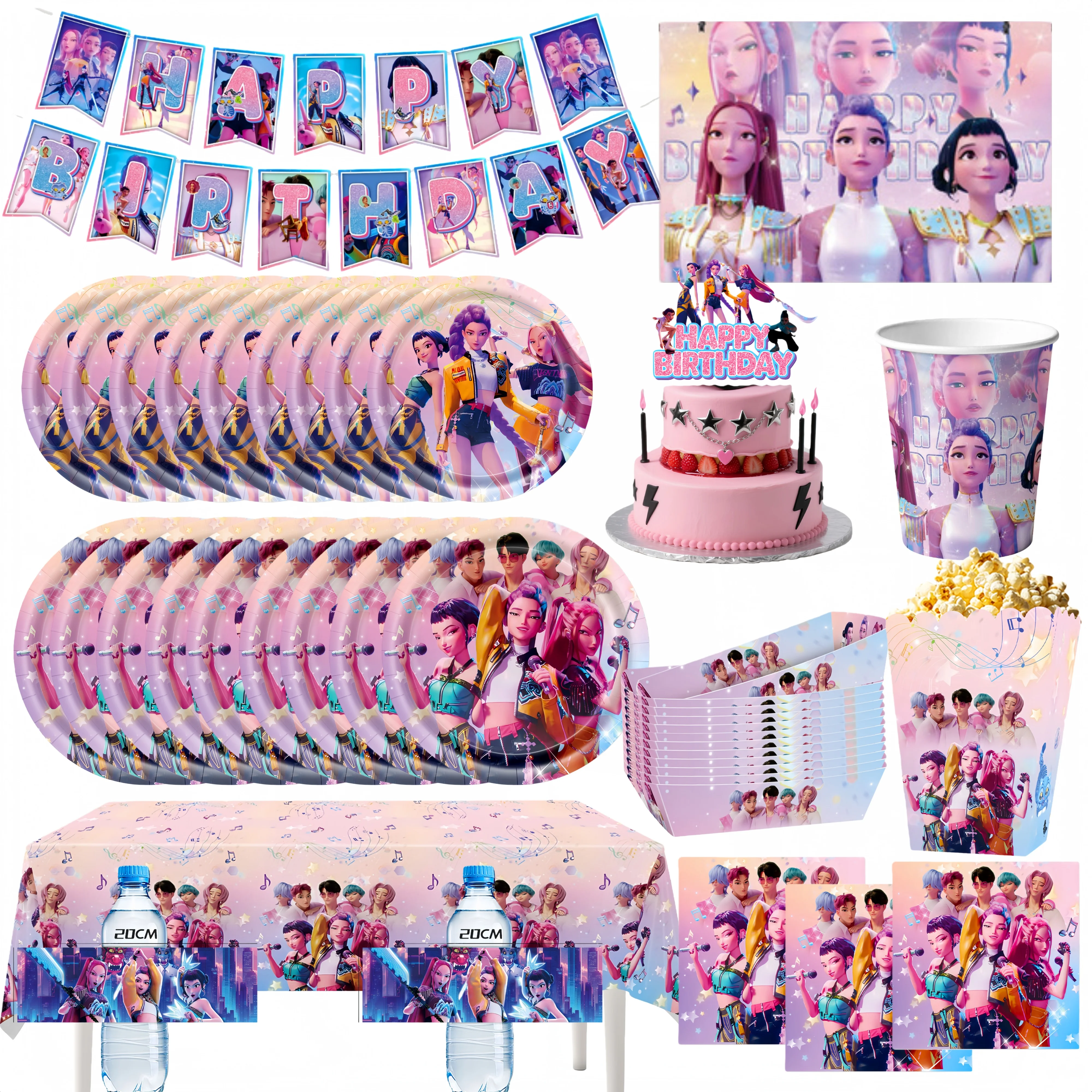 K-Ppop Demon Hunter Group Decorazioni per feste di compleanno Forniture per feste Huntrix Anime Stoviglie Tazza Tovagliolo Palloncini Bandiera appesa Regalo per bambini