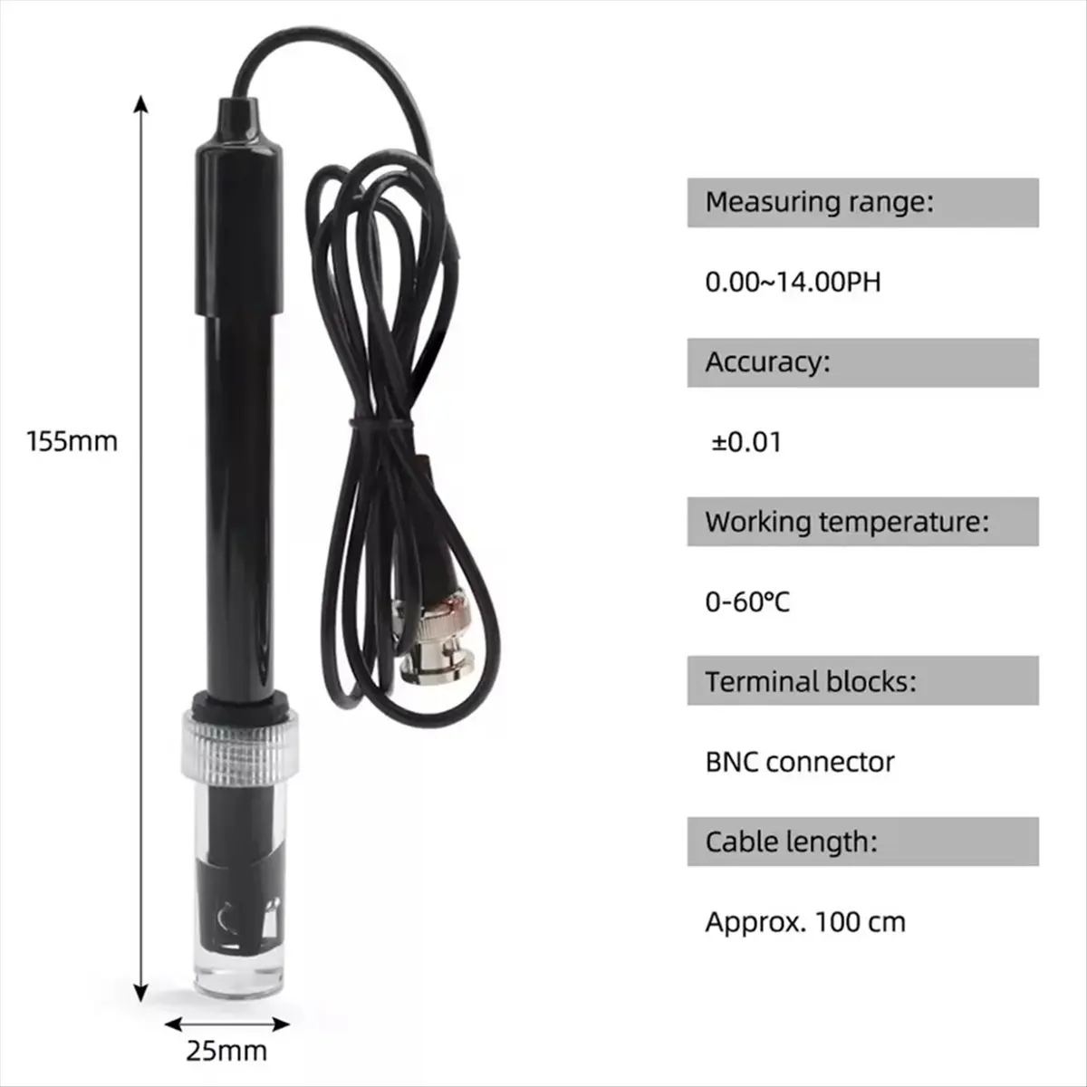 

AB09 Replacement PH Meter Electrode Probe Controller BNC Connector Sensor with Buffer Powder 75cm