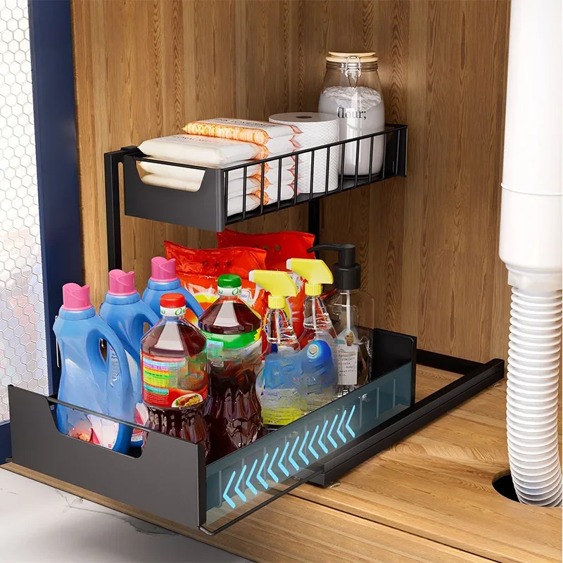 Under Sink Organizers and Storage,with Sliding Drawer 2 Tier Multi-purpose Bathroom Shelf Organizer for Bathroom Kitchen Storage