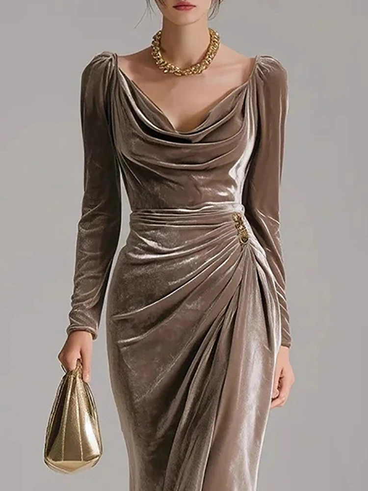

Women Velvet Satin Ruched Party Dress Square Collar Long Sleeve High Waist Bodycon Dress Chic Split Formal Evening Midi Dresses