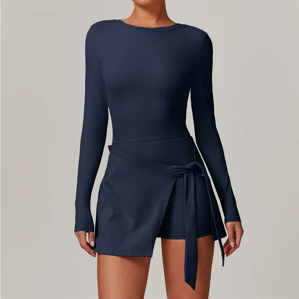 Yoga Scrunch Clothing Long Sleeves Backless Set Gym Push Up Sports Fitness Body Siamese Sportswear Women's Skirt Suit Yoga Suit