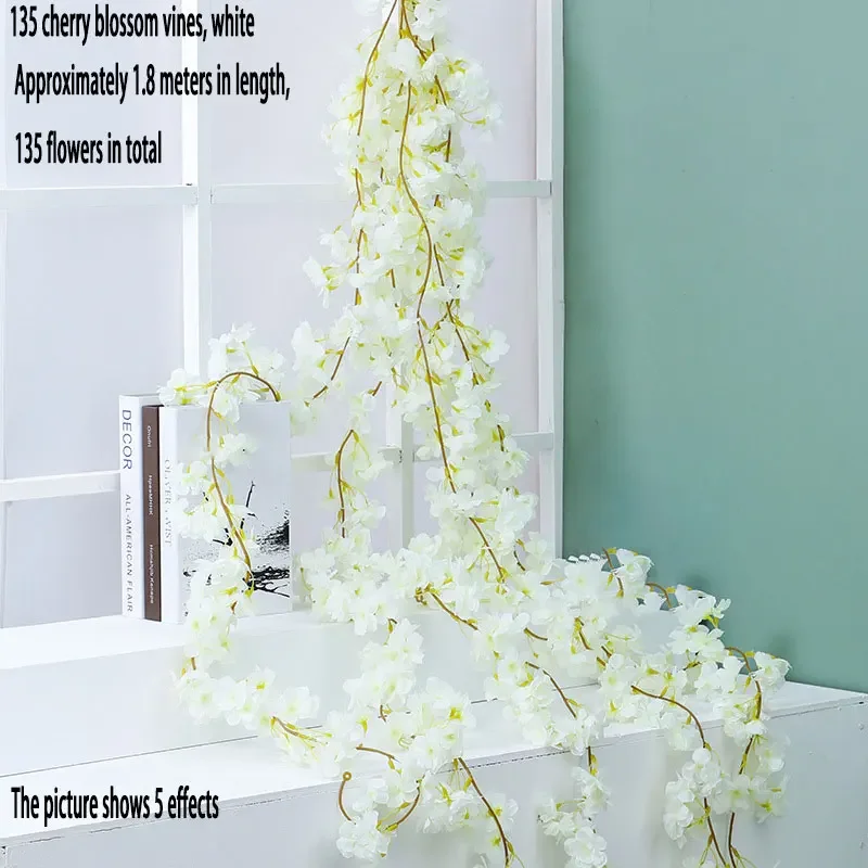 1 pezzo, vite di fiori di ciliegio artificiale da 95 pollici, parete di sfondo di piante finte appese per matrimoni, tavolo da festa, parete di decorazione per ufficio