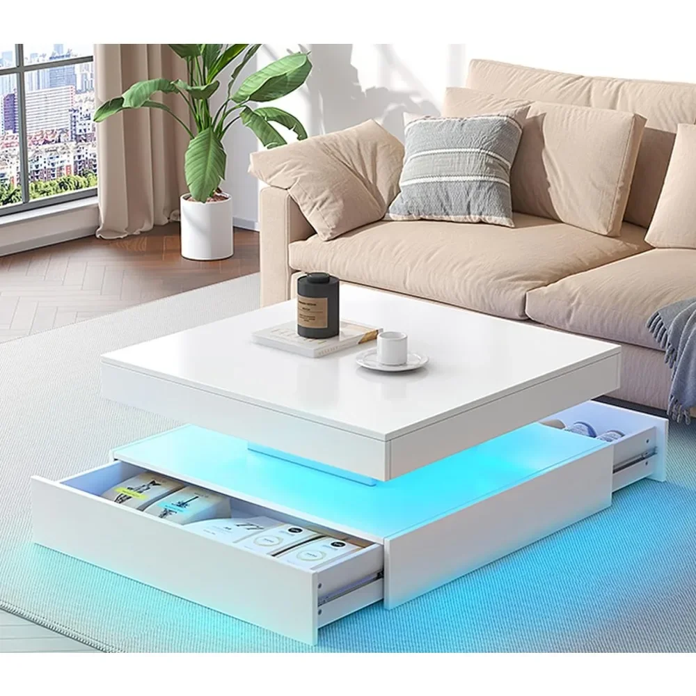 LED Coffee Table for Living Room with Storage - High Glossy Modern White Center Table with 2 Drawers, Square Wooden Middle