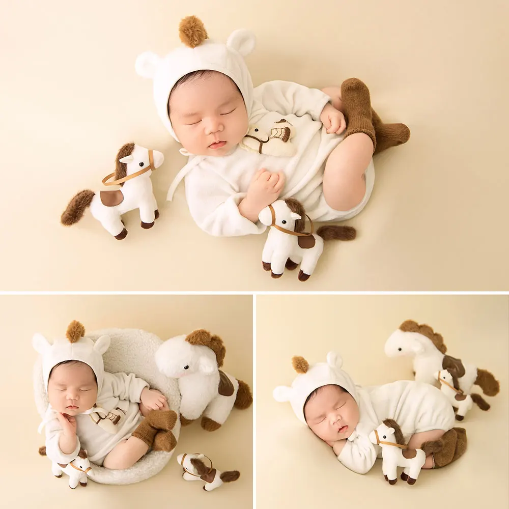 

0-1 Month Newborn Photography Props Cartoon Theme Horse Style Outfits with Matching Hat and 3 Pcs Horse Doll Little Pony Style