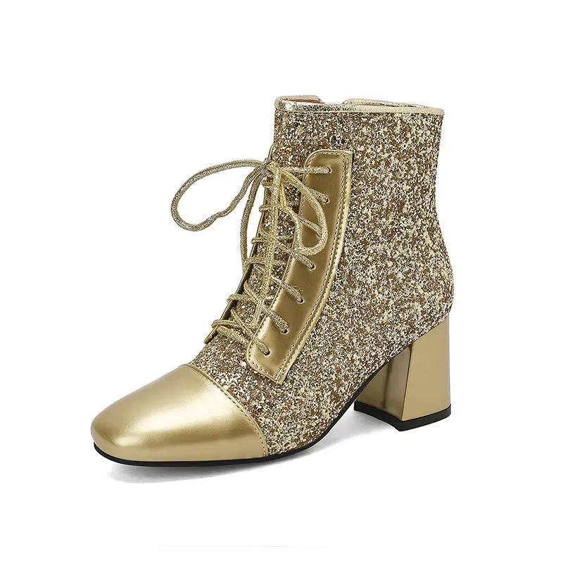 2024 Autumn New Women Chunky High Heels Bling Party Ankle Chelsea Boots Gold Silver Red Black Big Size 34-48