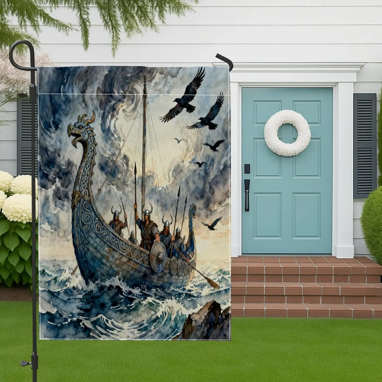 Aesthetic Viking Garden Flags 12x18 Inch for Outside, Vintage Nautical Ship Standard Vertical Linen Flags, Cool Print Front  yyi