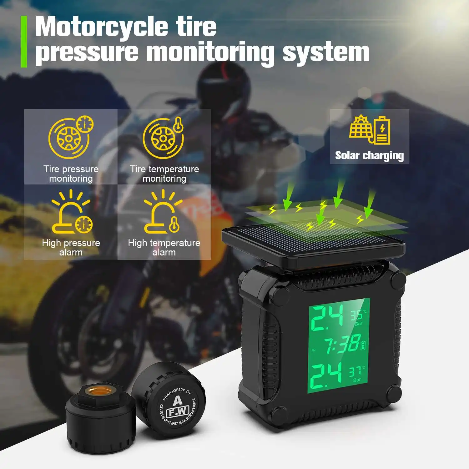 

Motorcycle Solar Charge Tyre Temperature Alarm Sensor Tire Pressure Monitoring System Colorful Display Wireless TPMS