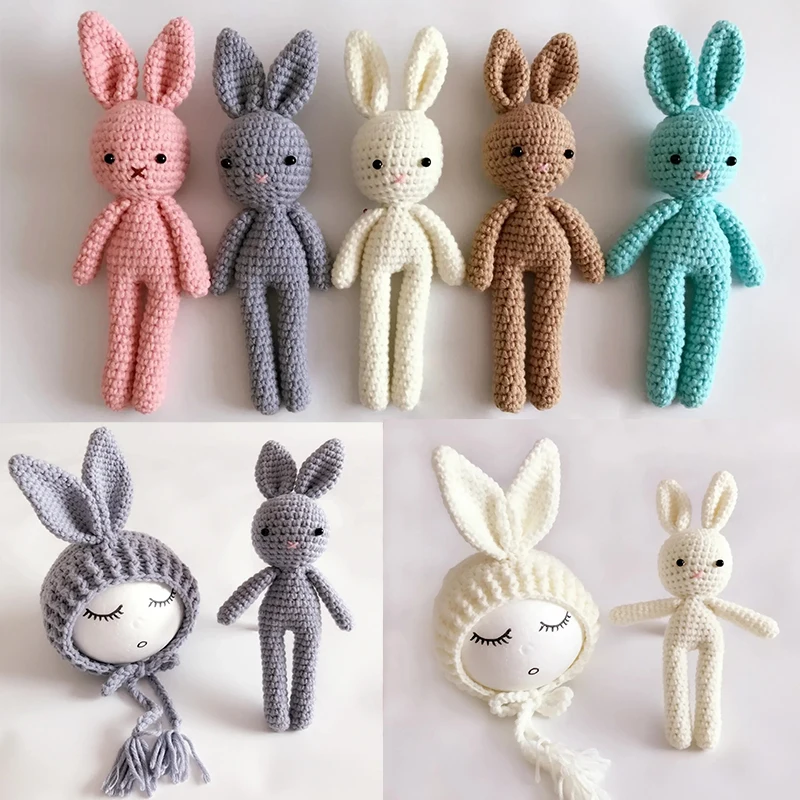 Cute Wool Rabbit Suits Props Newborn Photography Accessories Lovely Handmade Wool Knitting Bunny Hat and Rabbit Doll Toys Decor