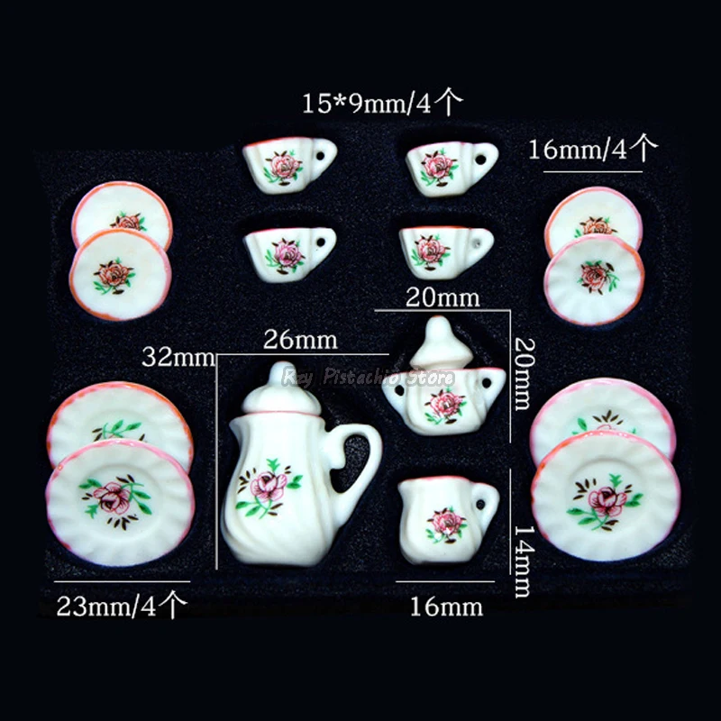 15pcs 1:6/1:12 Miniature Food Play Ceramic Mini Tea Cup Set Printed Pattern Tableware Kitchen Dollhouse Furniture Toys for Kids