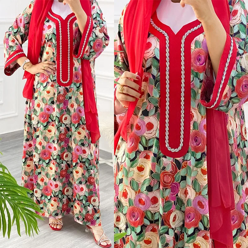 

Light Luxury Muslim Dress Dubai Saudi Women Maxi Dresses Fashion Female Diamond Printed Floral Casual Robe Long Dress Vestidoes