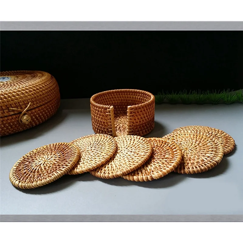 AA80-6 Pezzi Set Di Sottobicchiere Da Tè In Rattan Cerimonia del Tè Portavasi Ciotola In Rattan Pad Pentola Marrone Giallo
