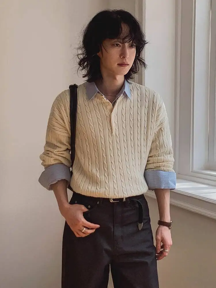 

SYUHGFA 2025 Autumn Simple Men's Knitting Tops Round Collar Button Design Solid Color Pullover Casual Male Sweater Korean Style