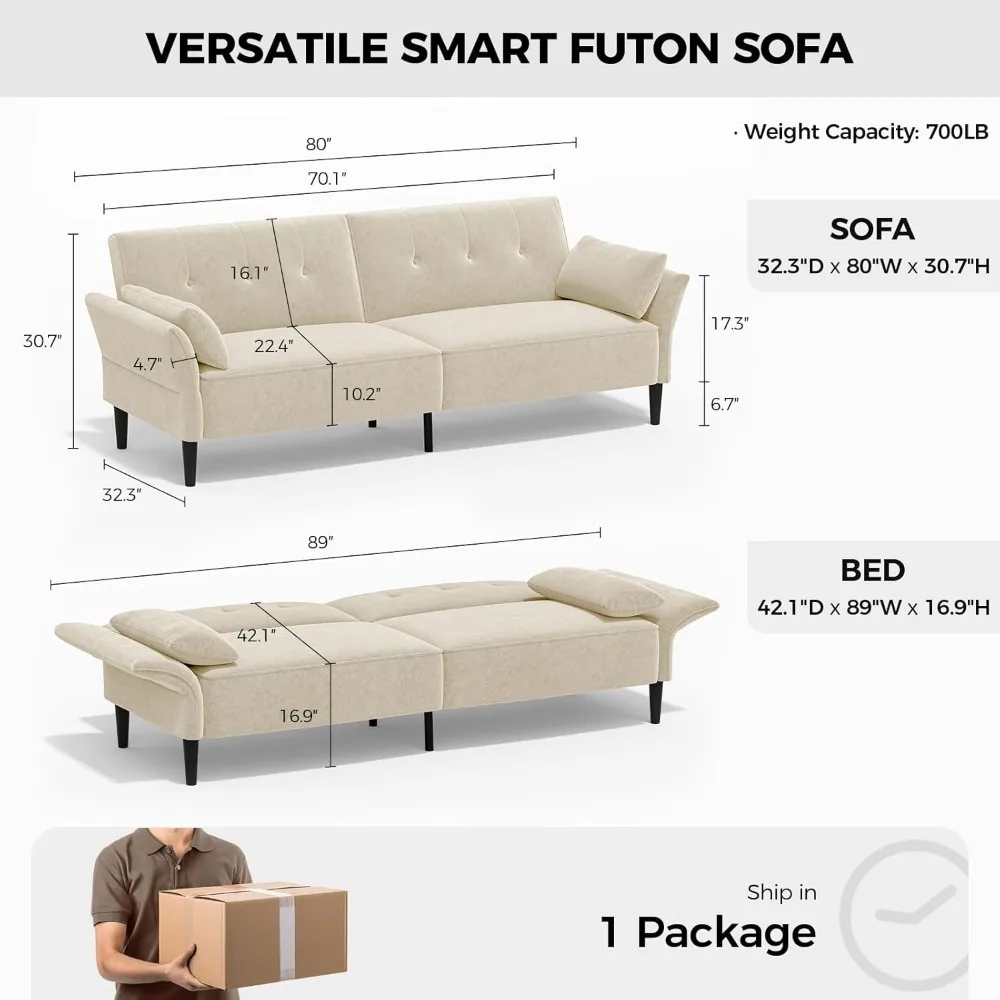 Sofa Bed, Velvet Fabric Futon Couch Bed with 2 Square Pillows, Convertible Sleeper Sofas with Adjustable Backrest& Armrest, Sofa