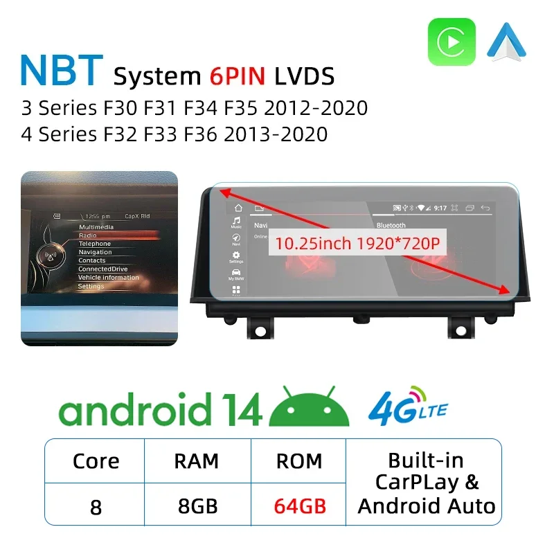 10.25 Android 14 CarPlay for BMW F30 F31 F34 F35 2012-2020