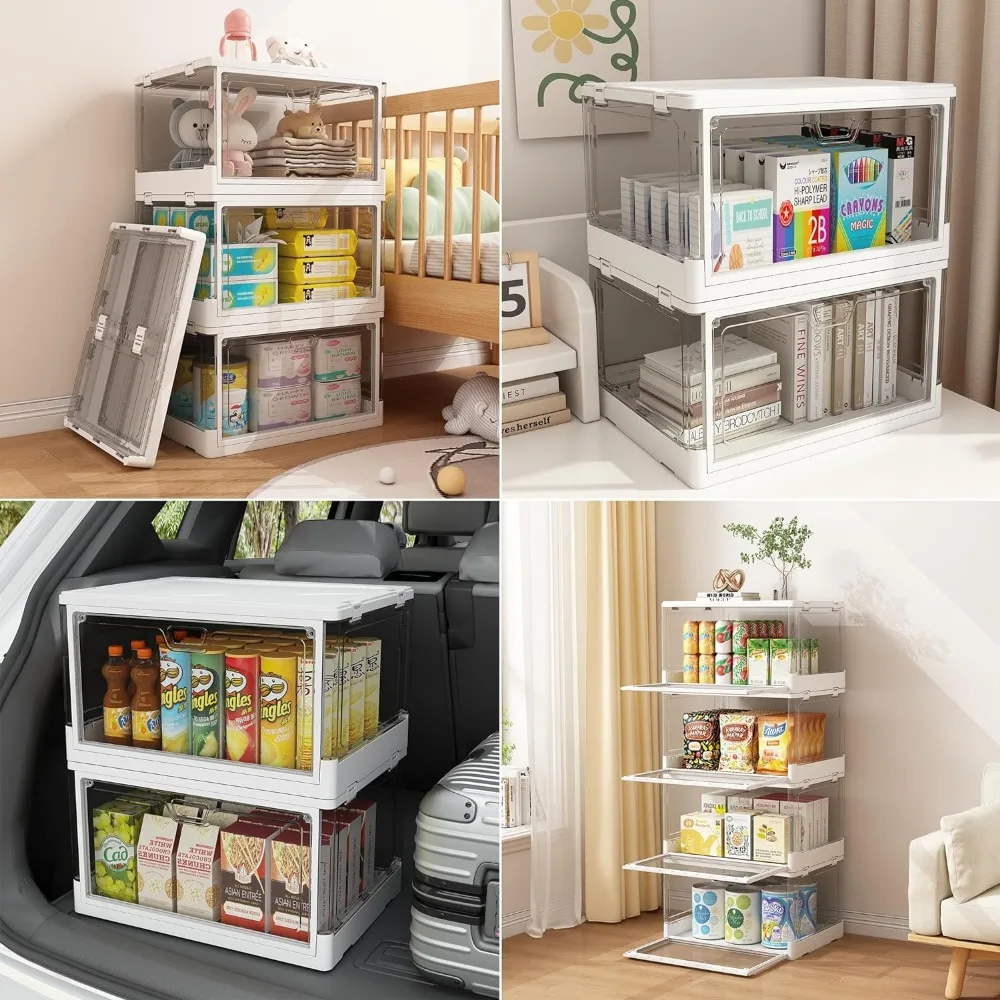 

3-Pack Clear Stackable Storage Bins with Lids Magnetic Doors Open Front Foldable Folding Plastic Craft Containers Large Closet