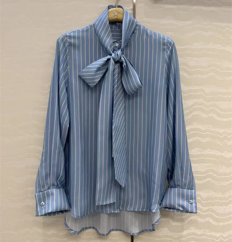 

Customization European women's clothing - new summer styles for 2026 Long-sleeved button-down striped silk shirt