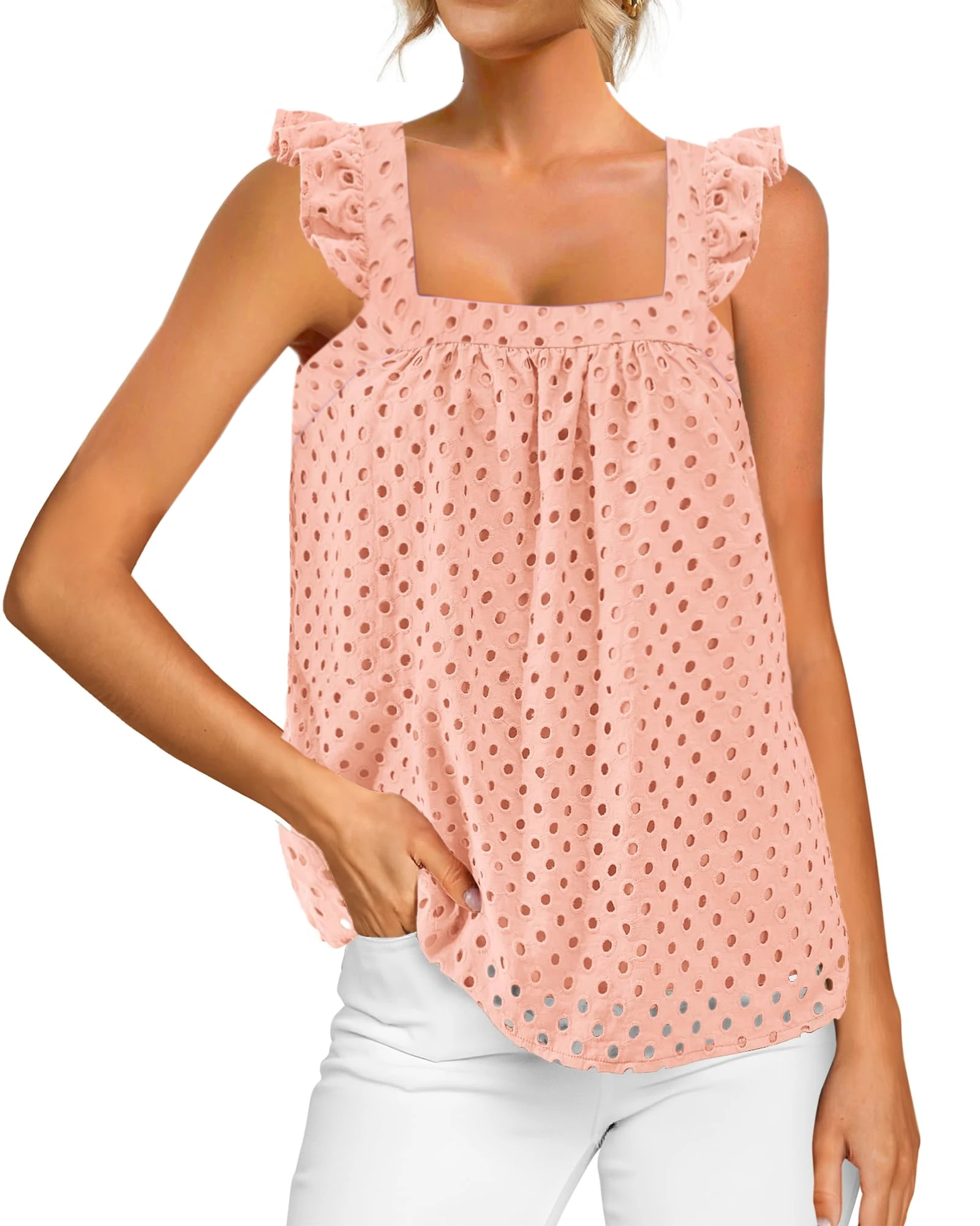 

Women's Sleeveless Summer Soild Color Hollow-out Ruffle Shoulder Strap Tops Square Collar Shirts