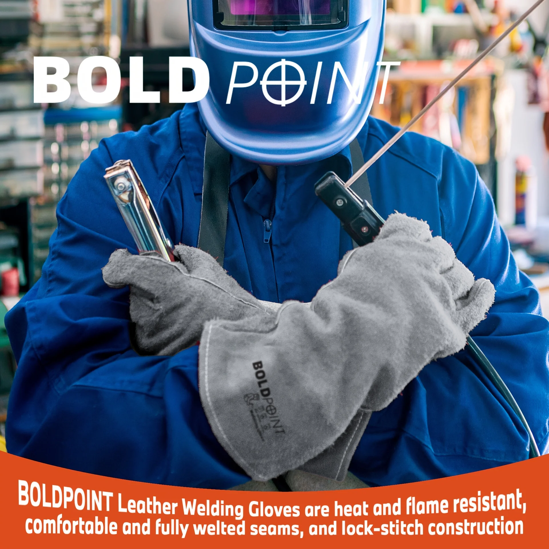 BOLDPOINT 1 Pair Leather Welding Gloves, One Size, Heat Resistant for Welding & Cutting, Cotton Lined, Gauntlet Cuff, Unisex