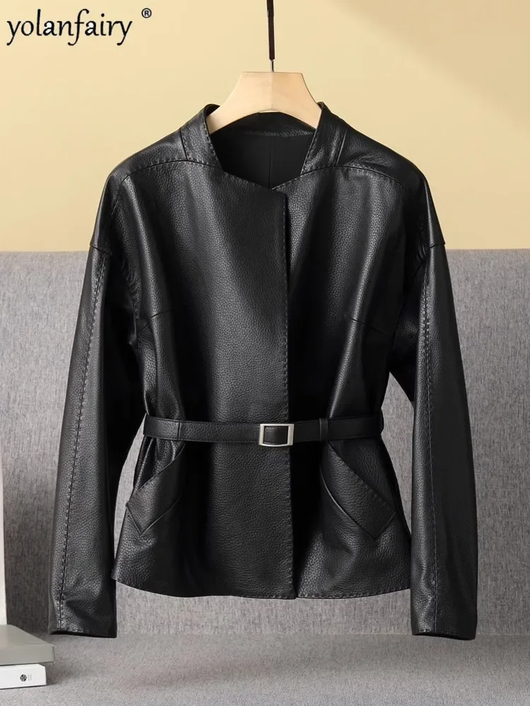 Veste en cuir véritable avec ceinture pour femme, manteau en peau de mouton véritable, noir, haute qualité, printemps, automne, nouveau, 2023