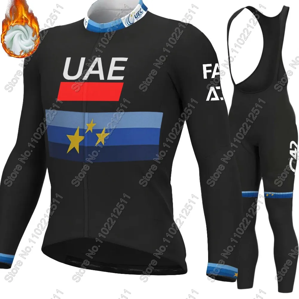 

Winter Black Uae European champion 2025 Cycling Jersey Set White Clothing Suit Long Sleeve MTB Bike Road Pants Bib Ropa Maillot