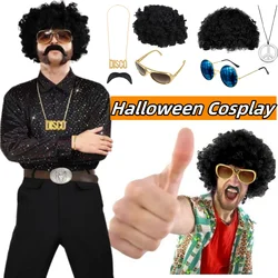 2/3/4pcs Halloween Hippie Costume Set Funky Wig Sunglasses Moustache Sign Necklace 50/60/70s Disco Style Cosplay for Kids Adults