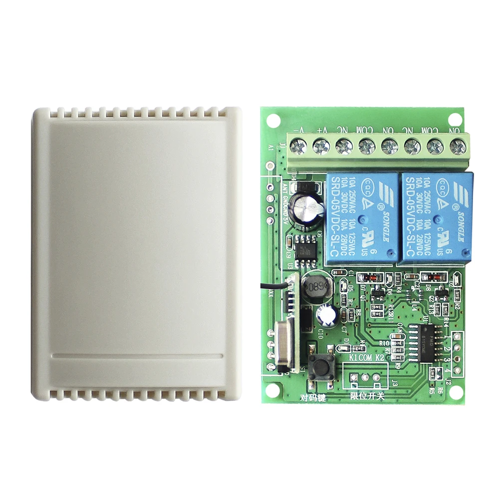Control remoto 433m interruptor RC de doble canal 12V-24V voltaje amplio, interruptor de salida de relé, emisión de radiofrecuencia
