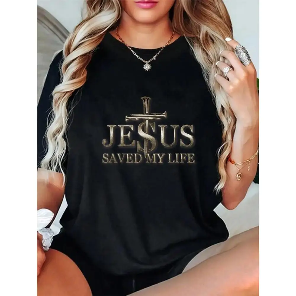 

Jesus Saved My Life T Shirt with Cross Faith Religious Christianity Tee for Men Women Unisex Short Sleeve O-Neck Casual Top
