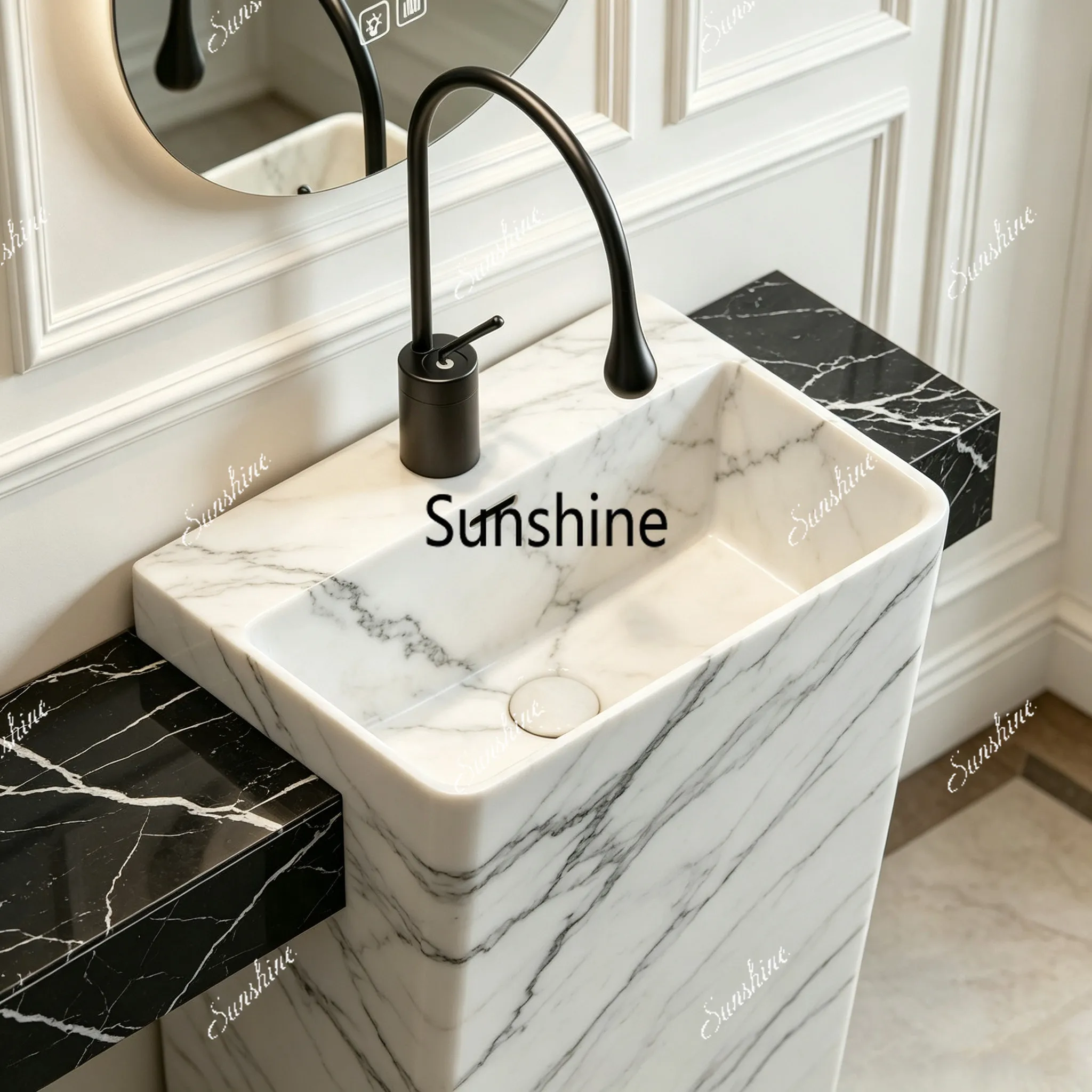 Marbled rock slab square column basin integrated floor-to-ceiling bathroom ceramic, balcony